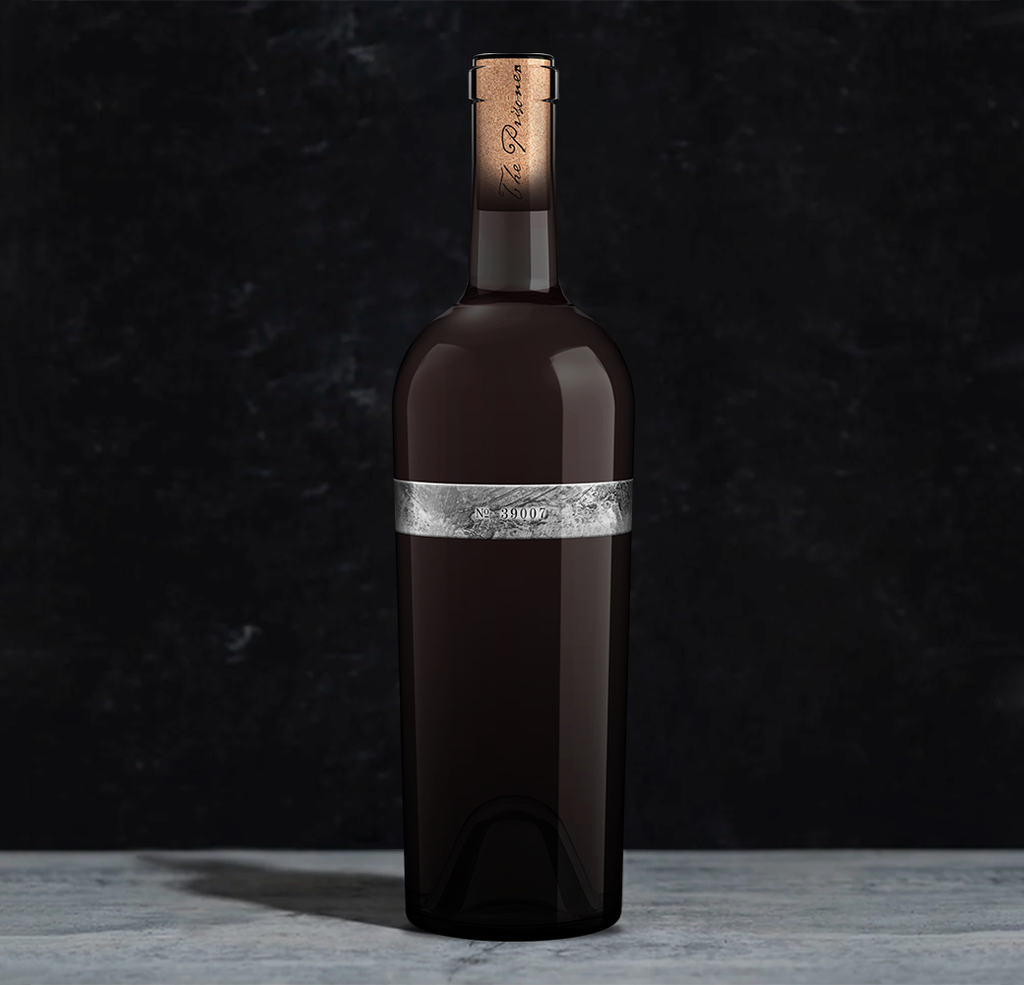 No. 39007 wine bottle with a silver label on a dark background