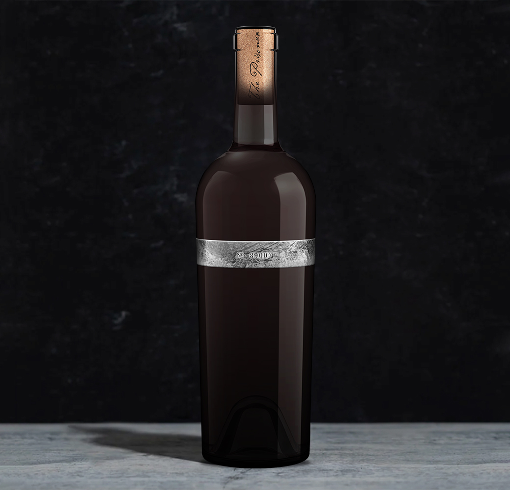 No. 39007 wine bottle with a silver label on a dark background