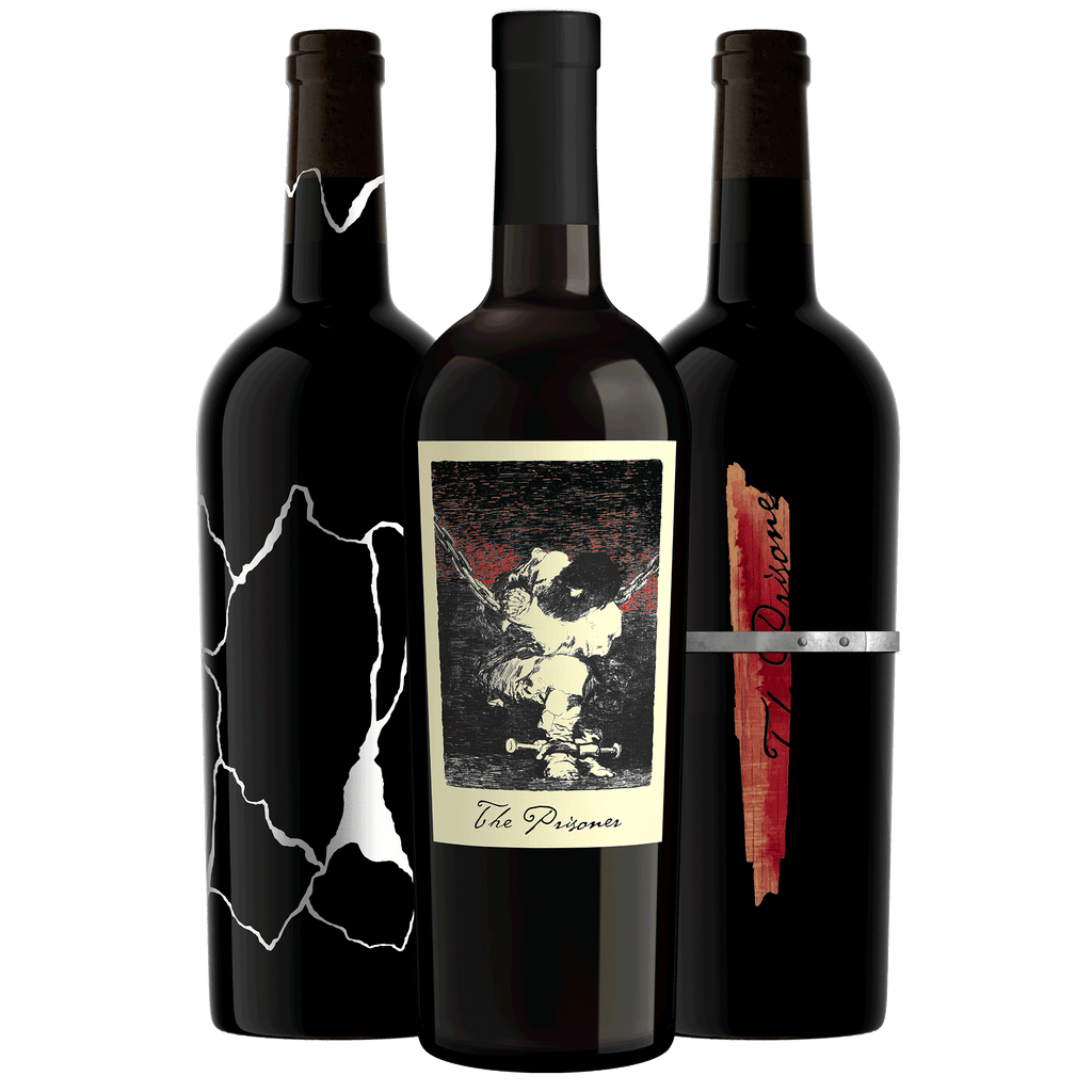 Three dark wine bottles arranged together on a plain white background. The center bottle is The Prisoner Red Blend, the bottle on the right is The Prisoner Sliver, and the bottle on the left is The Prisoner Solder