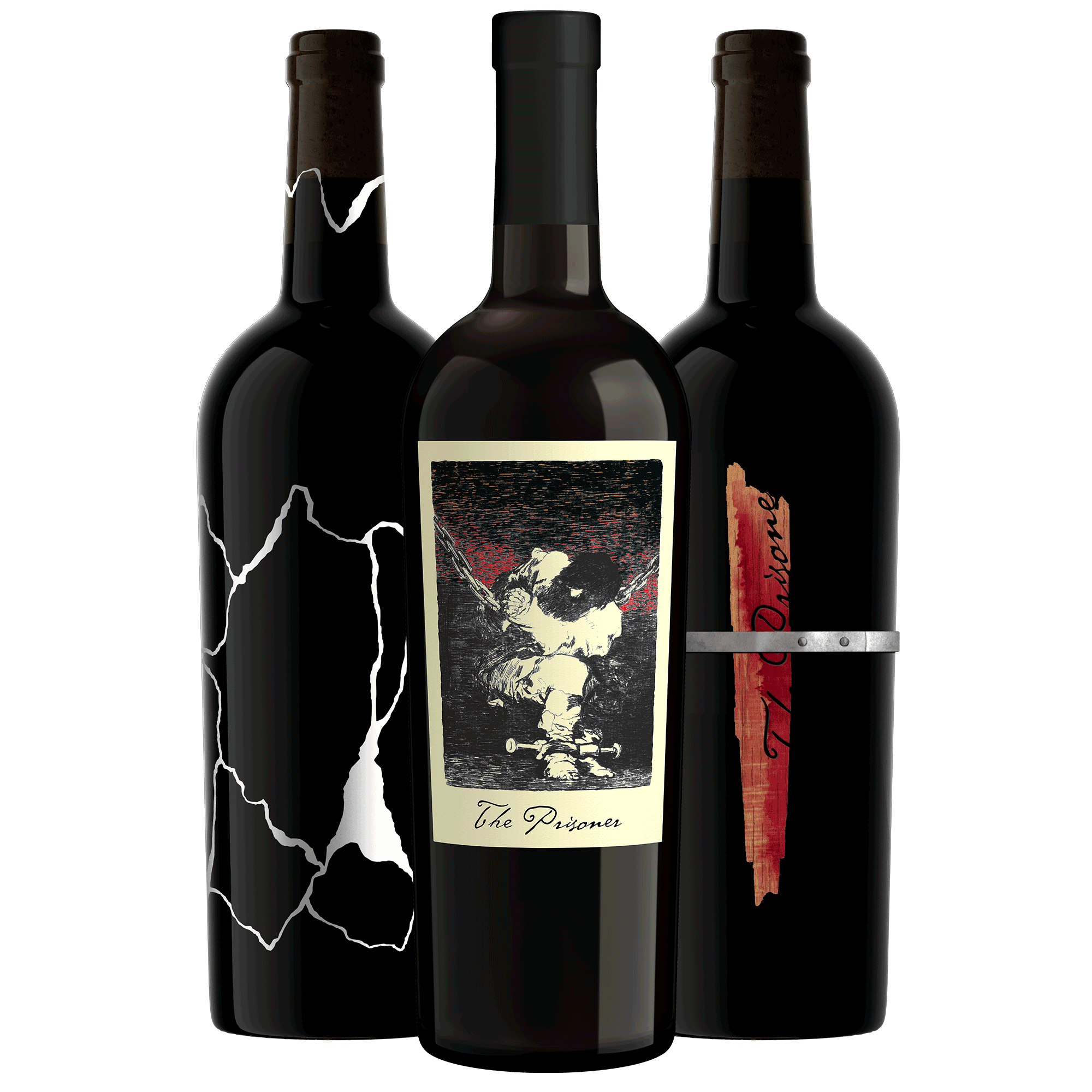 Three dark wine bottles arranged together on a plain white background. The center bottle is The Prisoner Red Blend, the bottle on the right is The Prisoner Sliver, and the bottle on the left is The Prisoner Solder