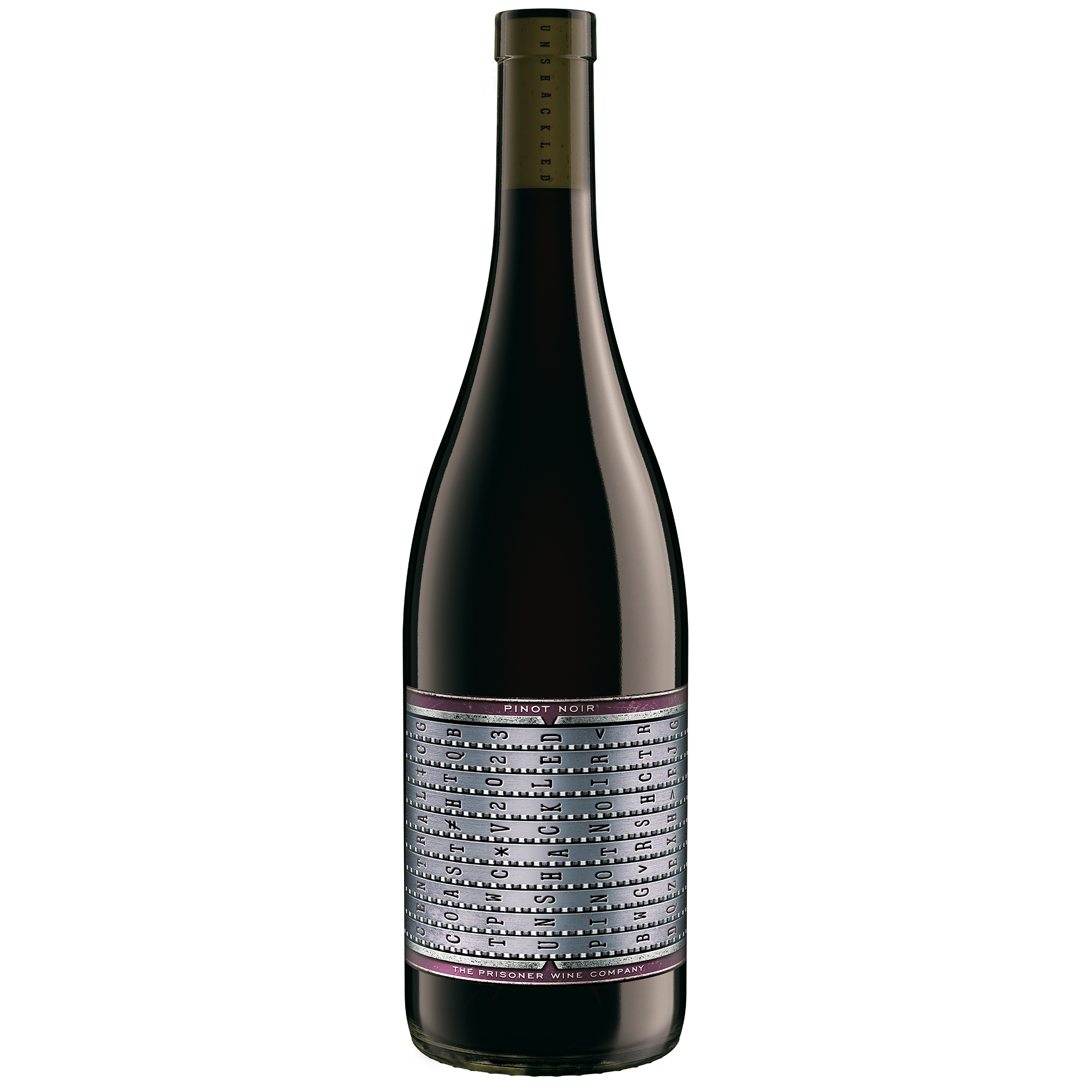 A bottle of Unshackled Pinot Noir wine against a solid white background. The bottle is dark glass with a silver and purple label featuring black text, and a gold foil-wrapped neck.