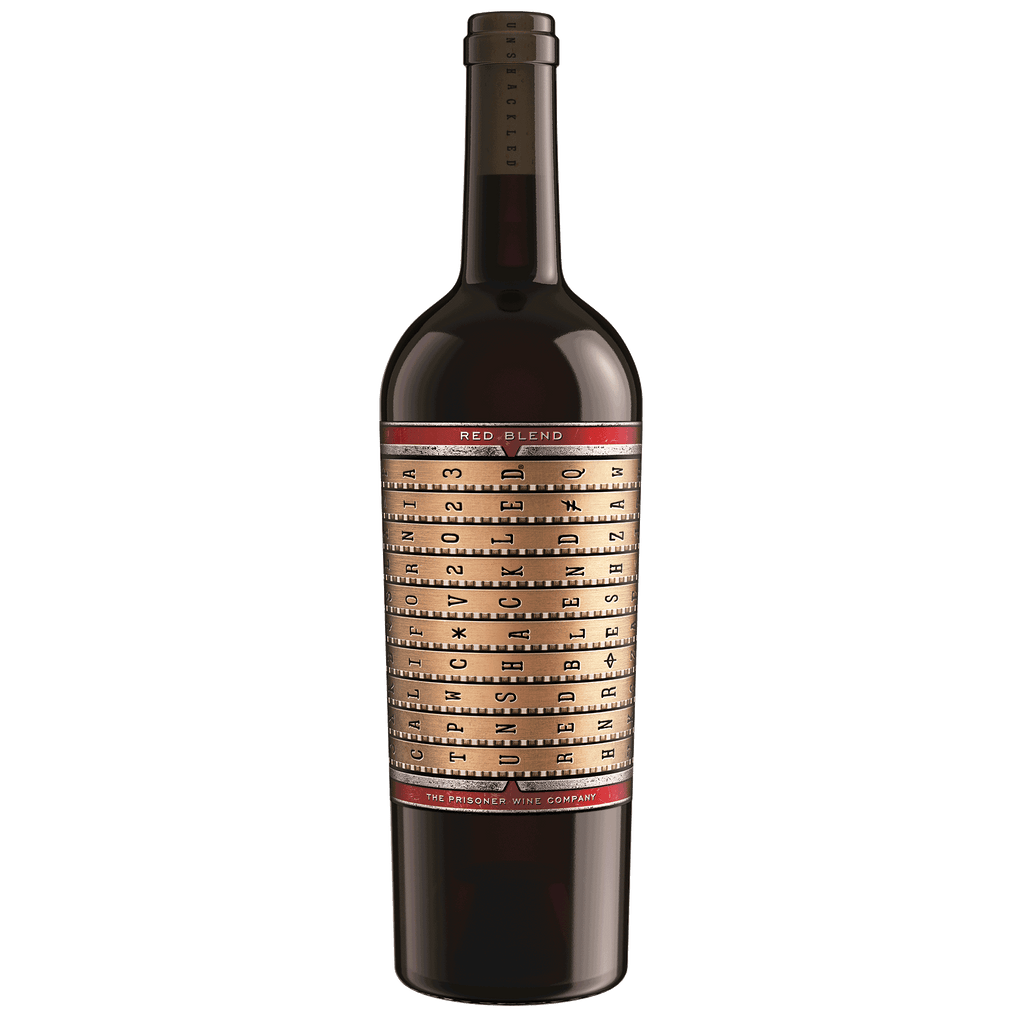 A bottle of 2023 Unshackled Red Blend on a blank background