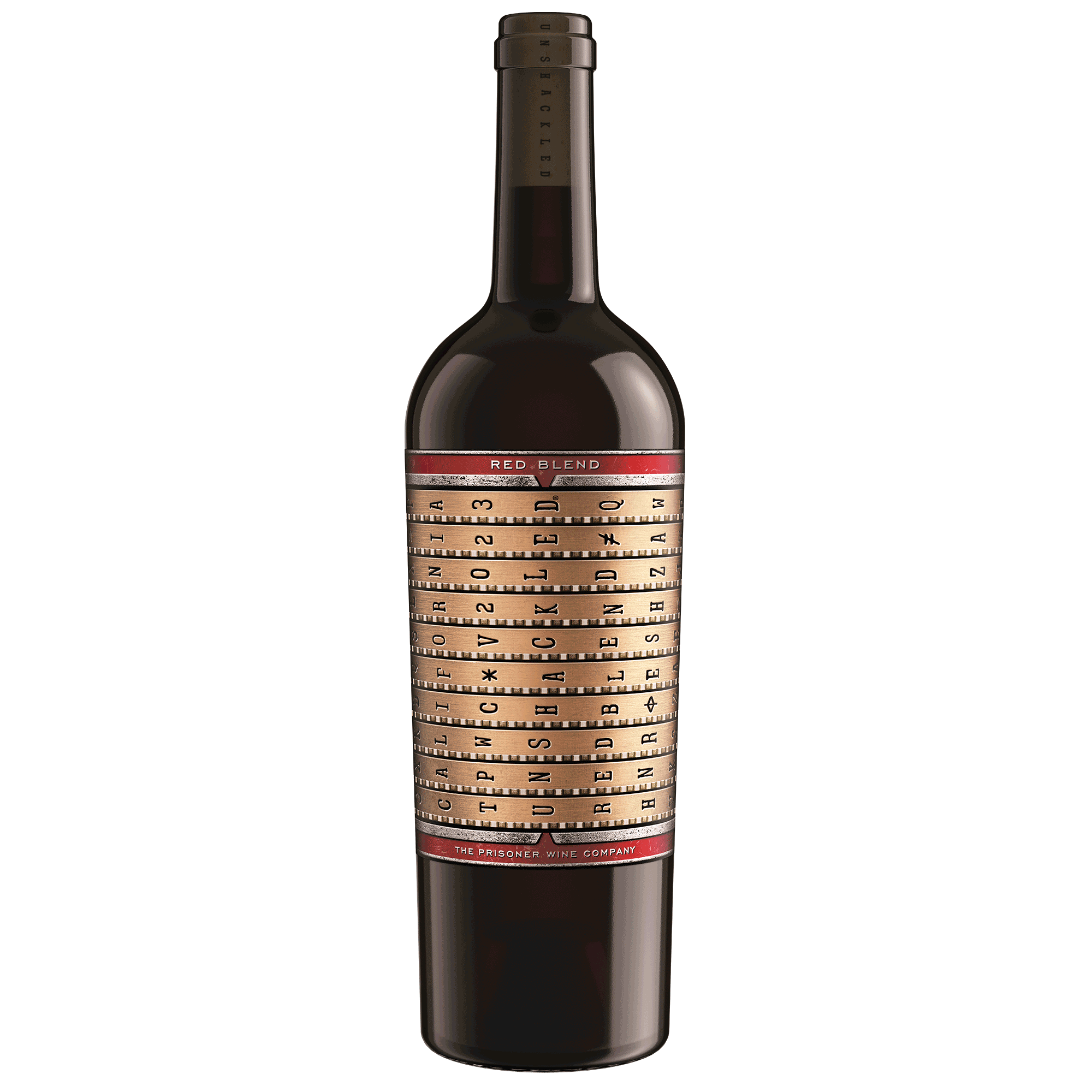 A bottle of 2023 Unshackled Red Blend on a blank background