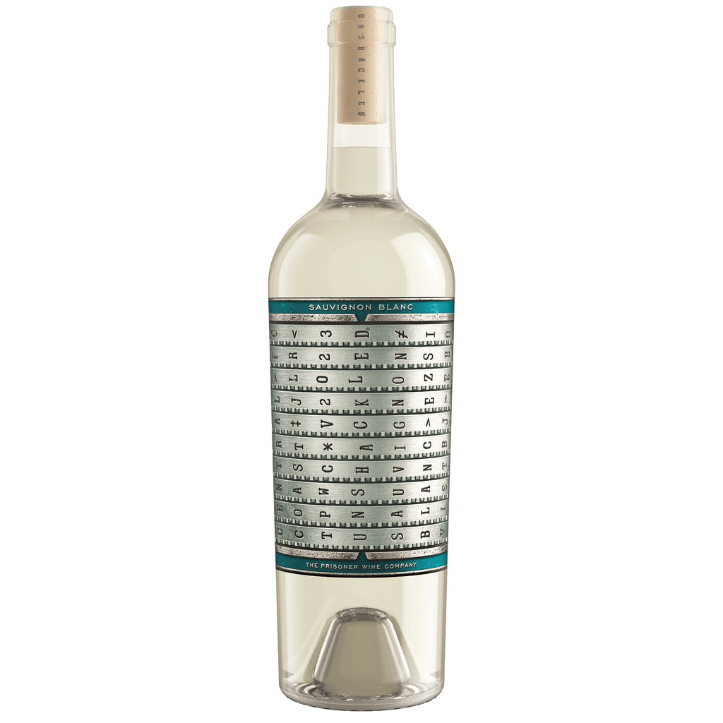 A bottle of Unshackled Sauvignon Blanc white wine with a distinctive black-and-white grid pattern label, isolated on a white background.