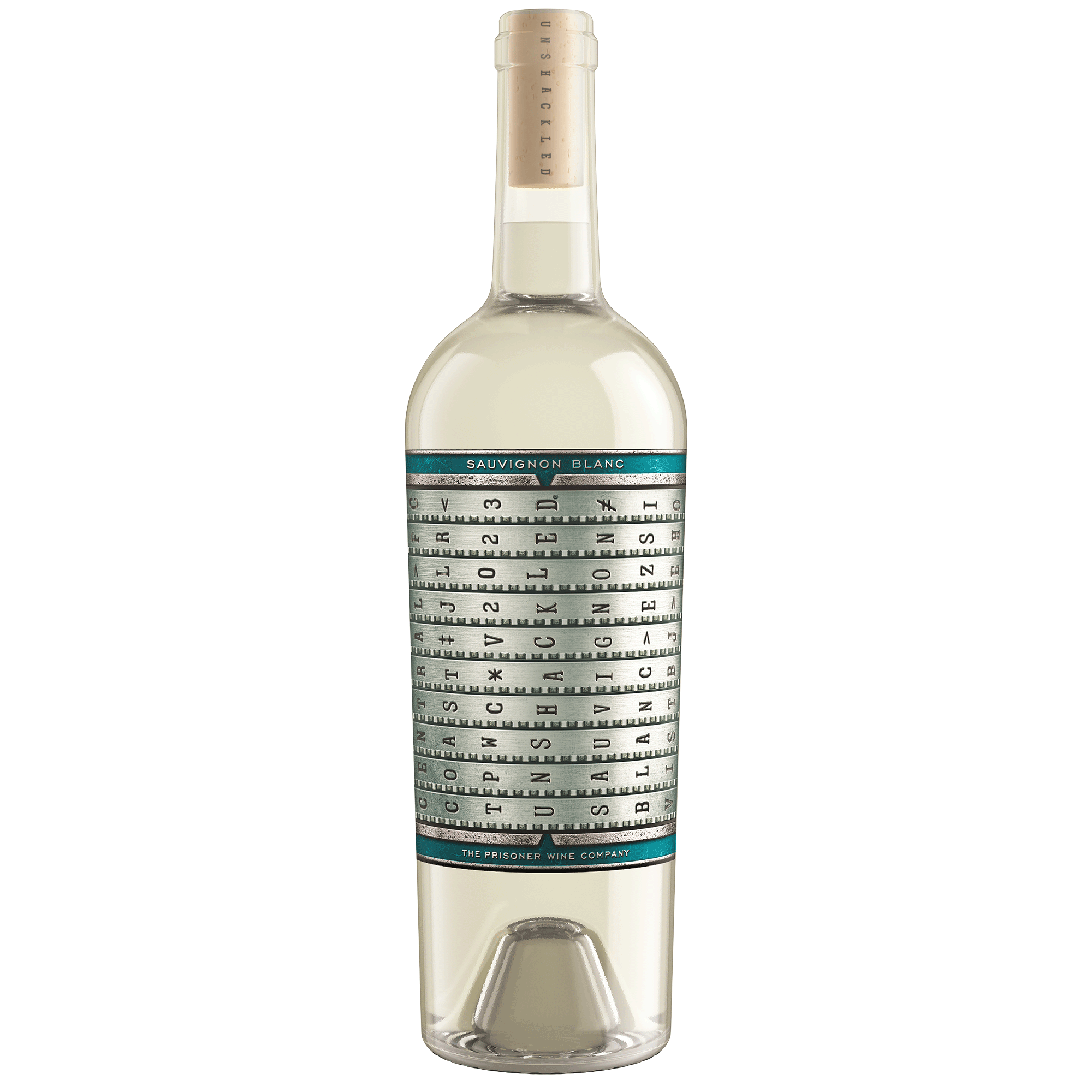 A bottle of Unshackled Sauvignon Blanc white wine with a distinctive black-and-white grid pattern label, isolated on a white background.