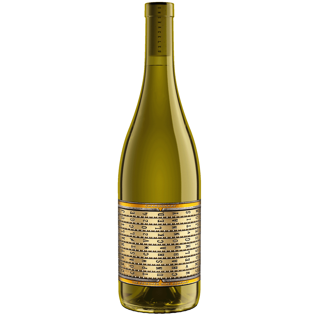 A bottle of Unshackled Chardonnay with a pale yellow-green glass body, and a large gold label with black text, shown against a plain white background.
