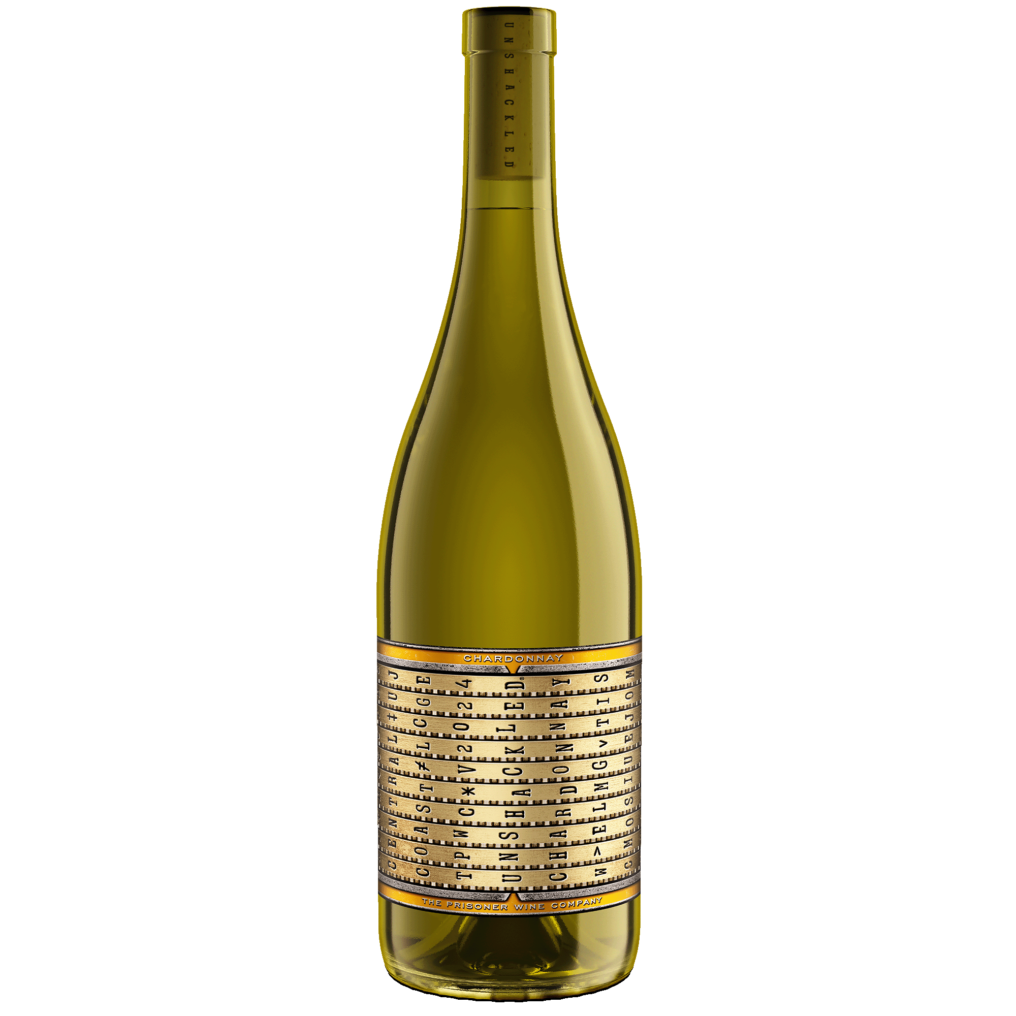 A bottle of Unshackled Chardonnay with a pale yellow-green glass body, and a large gold label with black text, shown against a plain white background.