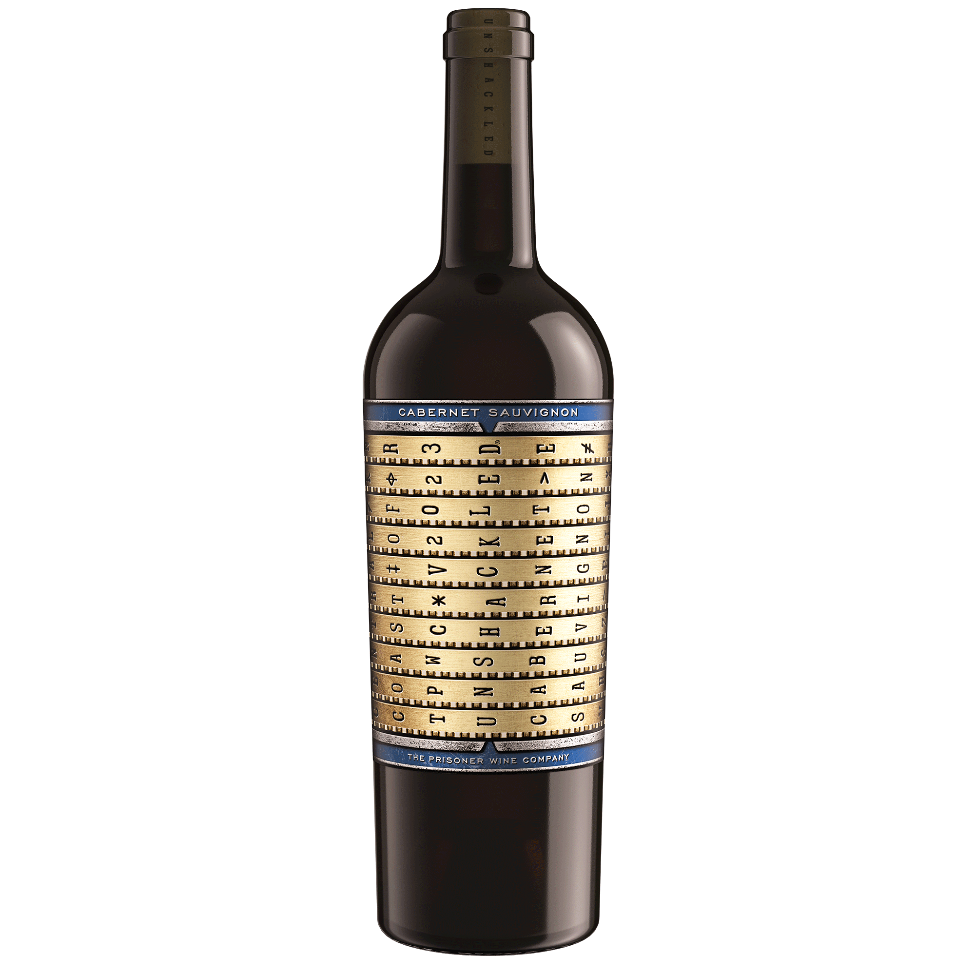 A bottle of Unshackled Cabernet Sauvignon wine with a dark glass body, a black neck foil, and a cream-colored label featuring a gold circular graphic and blue text bands.