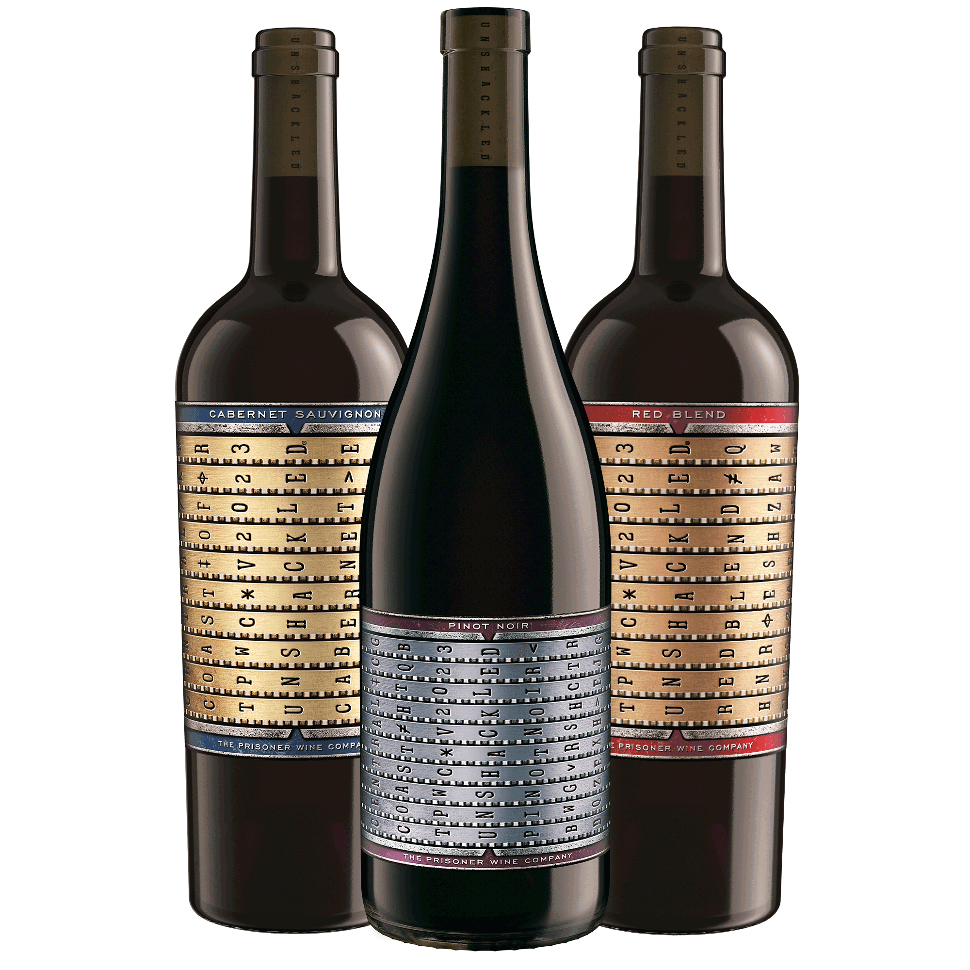 One bottle each of Unshackled Red Blend, Pinot Noir, and Red Blend, with vintage-style labels featuring a gold grid and black text, arranged together on a plain white background.