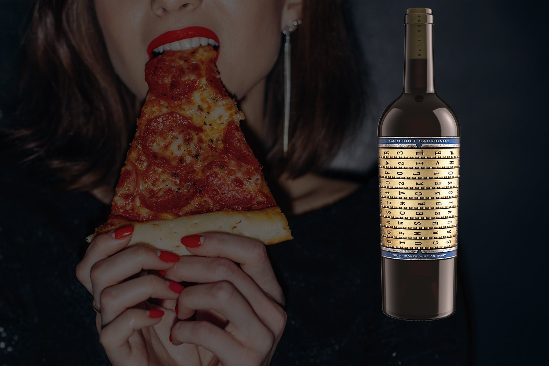 Woman with red lipstick biting pizza