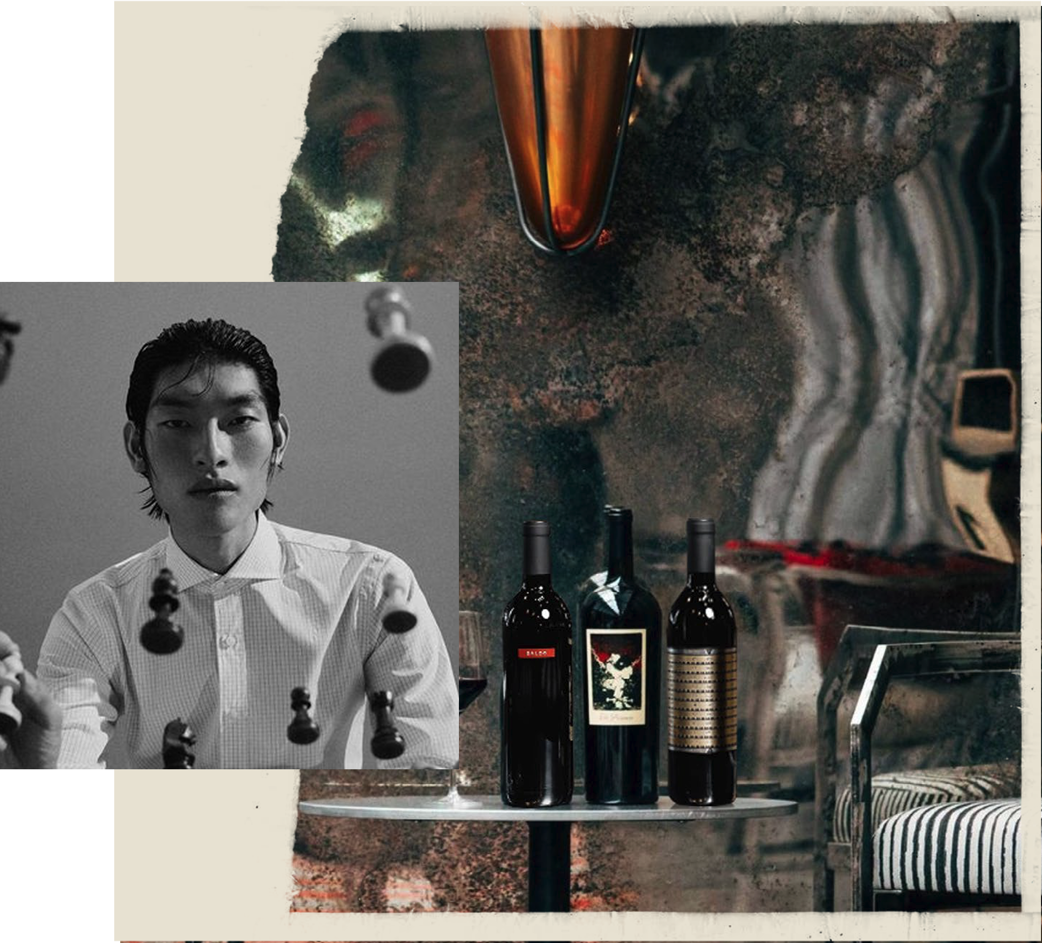 Collage of a person in a white shirt, wine bottles on a table, and a close-up of a metallic object.