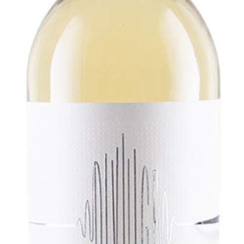A close-up of a white wine bottle with pale yellow liquid and a white label featuring a minimalist black soundwave design.