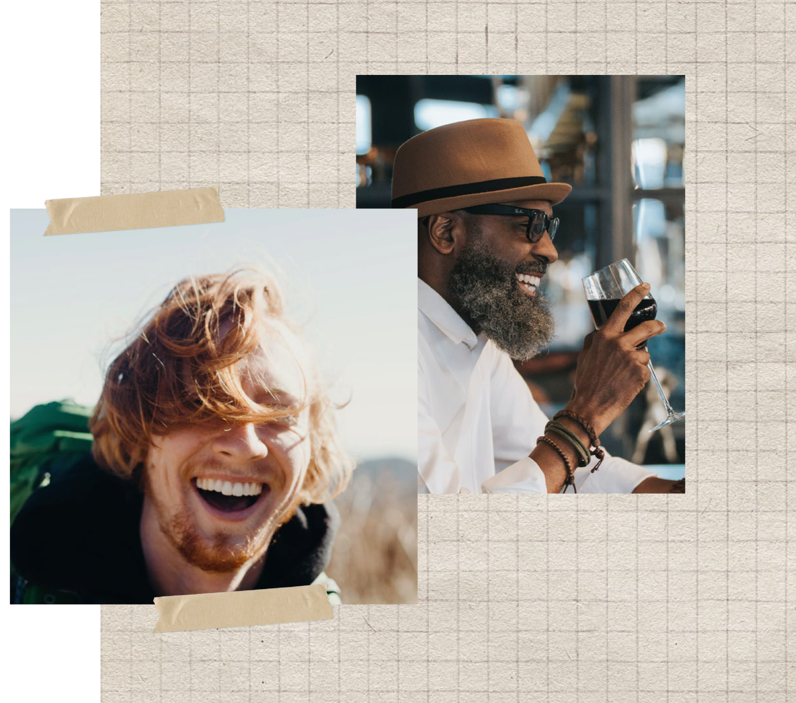 Collage of two men, one with blonde hair and the other with a beard and sunglasses, on a textured beige background.