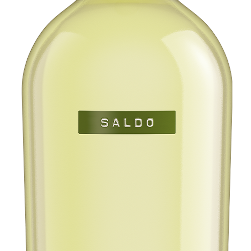 Close-up of a pale yellow liquid in a rounded bottle shape with a small dark olive-green label reading 'SALDO' in white letters, on a white background.
