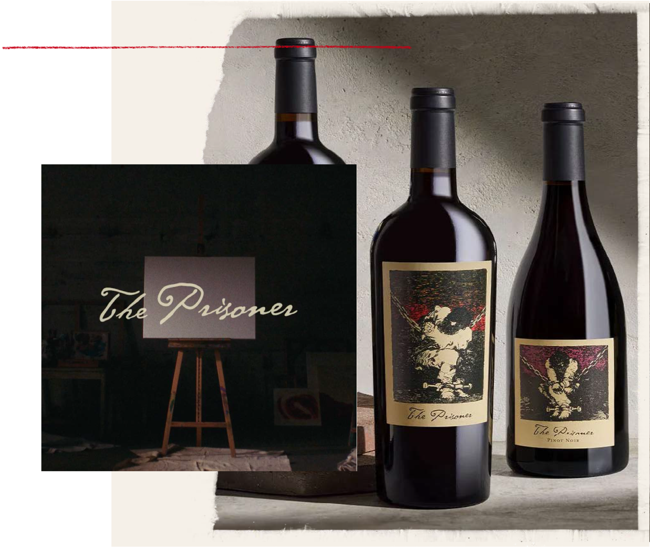 Two wine bottles with labels featuring artistic designs, one labeled 'The Prisoner'.