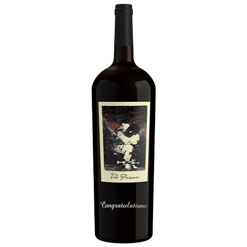 Bottle of the prisoner red blend with congratulations etched on the front of the bottle
