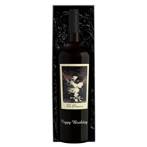 Bottle of the prisoner red blend with happy birthday etched and in a gift box