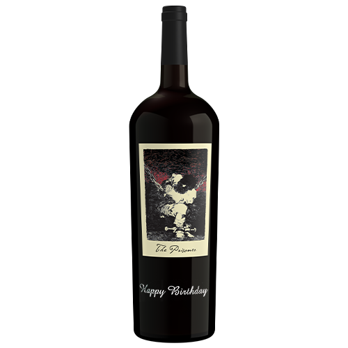 Bottle of the prisoner red blend with happy birthday etched on the front