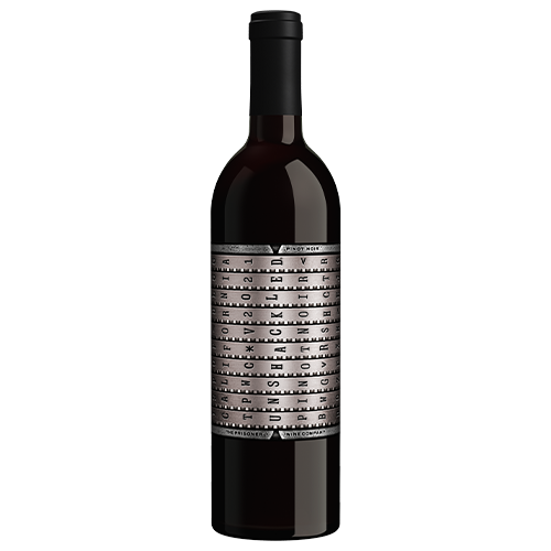 A bottle of Unshackled Pinot Noir on a blank background.